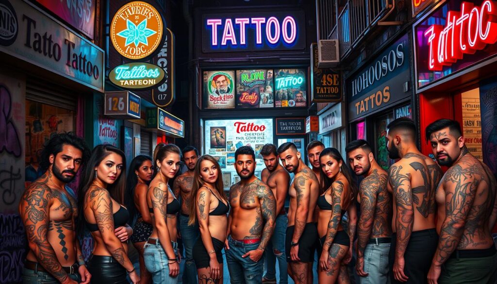 A bustling street in a vibrant urban setting, showcasing the diversity of modern tattoo culture. In the foreground, a group of individuals with intricate body art designs, ranging from bold patterns to delicate line work, posing confidently against a backdrop of neon signs and graffiti-adorned walls. The middle ground features a tattoo parlor, its windows displaying a diverse portfolio of styles and clientele. Ambient lighting casts a warm, almost neon-tinged glow, capturing the energy and creativity of this cultural landscape. The overall scene conveys a sense of self-expression, community, and the evolving societal perceptions surrounding tattoos.