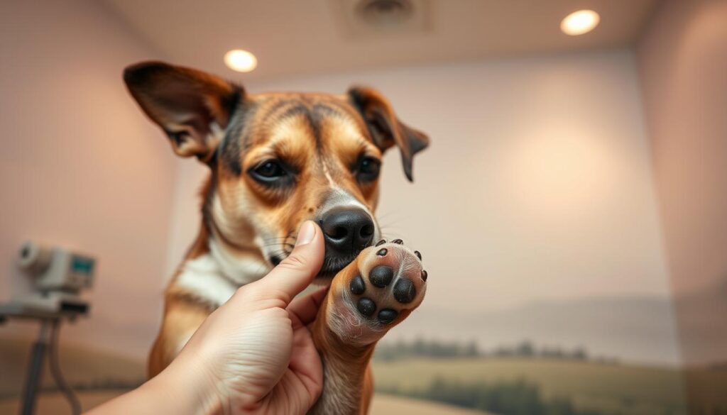 A calming, well-lit veterinary examination room. In the foreground, a gentle human hand holds a dog's paw, preparing to trim its nails with care and precision. The dog's expression is relaxed, conveyed through soft, expressive eyes and a slightly parted mouth. The background features soothing pastel colors, perhaps a muted landscape or abstract pattern, creating a sense of serenity. Subtle, warm lighting from multiple angles illuminates the scene, highlighting the delicate interaction between the human and the canine companion. The overall atmosphere promotes trust, empathy, and the minimization of any discomfort during the necessary grooming process.