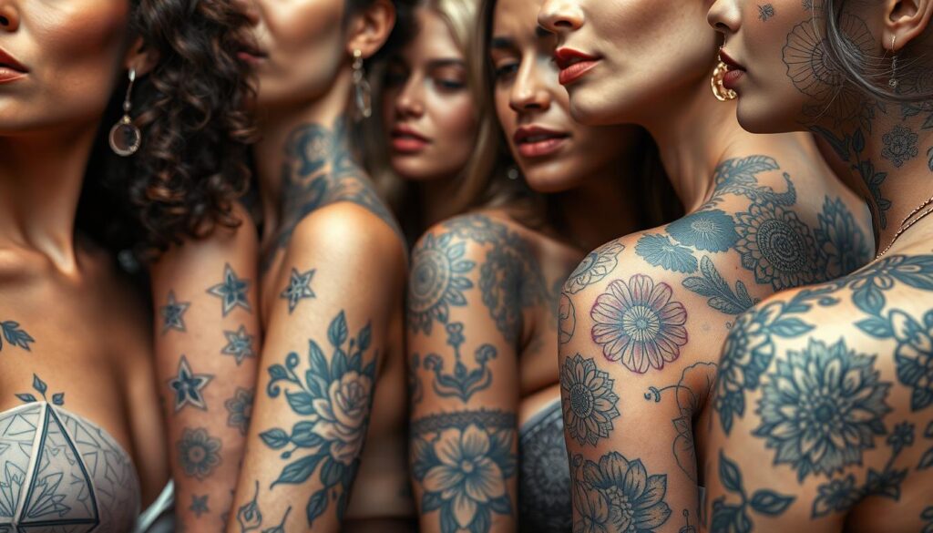 A captivating array of delicate floral motifs, intricate mandalas, and bold geometric patterns adorn the skin of diverse women, showcasing the evolution of tattoo art. Elegant linework and soft pastel hues create a visually striking canvas, reflecting the personal narratives and artistic expressions of the subjects. Diffused natural lighting illuminates the scene, highlighting the intricate details and the tactile textures of the ink. The composition features a balance of close-up and mid-range shots, allowing the viewer to appreciate both the individual designs and the overall visual harmony. This scene captures the intersection of self-expression, cultural influences, and the transformative power of body art.