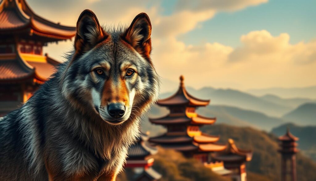 A captivating, cinematic depiction of the cultural roots and history behind the iconic Asian wolf cut hairstyle. A majestic wolf stands in the foreground, its piercing gaze and rugged fur evoking the wild, untamed essence of the style. In the middle ground, traditional Asian architectural elements - ornate temples, pagodas, and rolling hills - provide a rich, ancestral backdrop. Warm, golden lighting bathes the scene, creating an atmospheric, almost spiritual ambiance. The overall composition conveys a sense of reverence and deep-rooted cultural significance, perfectly capturing the essence of the "History and Cultural Impact of the Wolf Cut" section.
