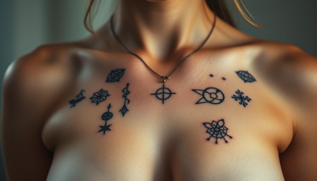 A captivating close-up of a female's bare chest, adorned with delicate and meaningful tattoos. The intricate designs weave together symbolic elements like nature motifs, celestial symbols, and personal mantras, each holding deep significance for the wearer. Soft, diffused lighting casts a warm, intimate glow, highlighting the contours of the skin and the thoughtful placement of the tattoos. The frame is tightly focused, drawing the viewer's eye to the intentional, expressive nature of these body decorations. A sense of personal empowerment and self-expression radiates from the image, inviting the viewer to contemplate the symbolism and personal narratives contained within the delicate, feminine ink work.