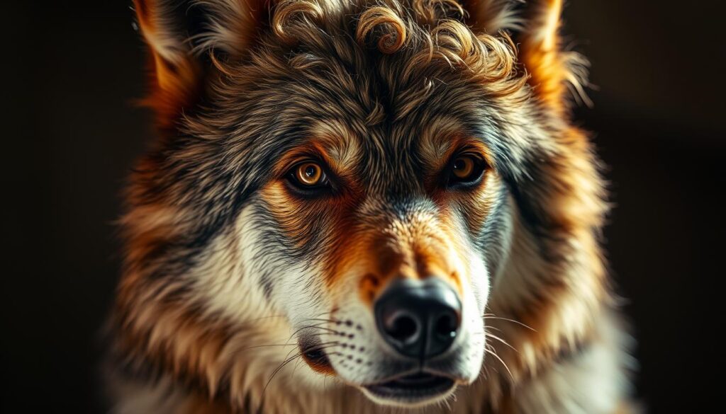 A captivating close-up of a wolf's head, showcasing its lush, natural curl pattern wolf cut. Soft, diffused lighting illuminates the intricate textures and tones of the fur, creating a warm, intimate atmosphere. The wolf's gaze is piercing yet gentle, drawing the viewer into its majestic presence. The image is captured at a slight upward angle, emphasizing the regal, powerful features of the animal. The background is blurred, placing the focus entirely on the wolf's stunning, one-of-a-kind hairstyle, which perfectly encapsulates the unique curl type described in the article.