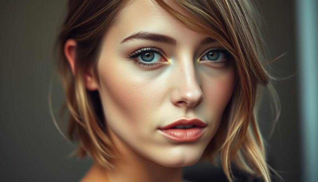 A captivating close-up portrait of a woman's face, showcasing a stylish "wolf cut" hairstyle without bangs. The hair frames her face in soft, wispy layers, creating an effortless, modern look. The lighting is soft and flattering, highlighting the delicate features and the alluring gaze. The background is slightly blurred, keeping the focus on the subject's face and hairstyle. The overall mood is one of elegant sophistication and natural beauty, perfectly capturing the essence of the "wolf cut without bangs" style.