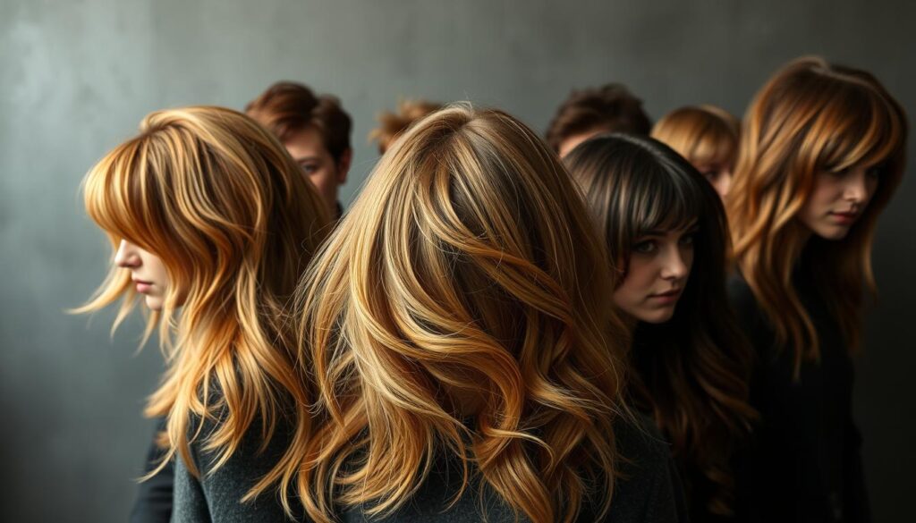 A captivating collection of wolf cut hairstyles, showcasing their versatility and textural allure. In the foreground, a cascade of soft, voluminous layers in warm honey and chestnut tones, effortlessly framing the face. The middle ground reveals a spectrum of wolf cut variations, from feathered shags to tousled mullets, each radiating a sense of effortless cool. In the background, a muted, atmospheric setting with subtle lighting accentuates the lush, dimensional quality of the hairstyles, creating a sense of depth and sophistication. The overall mood is one of relaxed elegance, inviting the viewer to explore the endless possibilities of the wolf cut trend.