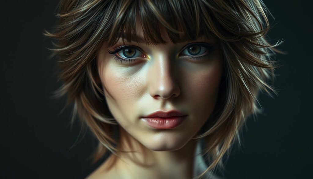 A captivating, high-resolution close-up portrait of a young woman's face, showcasing the distinctive features of a wolf cut wig. The wig frames her face beautifully, with layered, textured strands cascading around her features. Her expression is serene and confident, her gaze directed slightly off-camera, creating an alluring and mysterious mood. The lighting is soft and flattering, casting gentle shadows that accentuate the contours of her face. The background is slightly blurred, allowing the subject to be the focal point. The overall composition and color palette convey the sophistication and versatility of the wolf cut wig style.