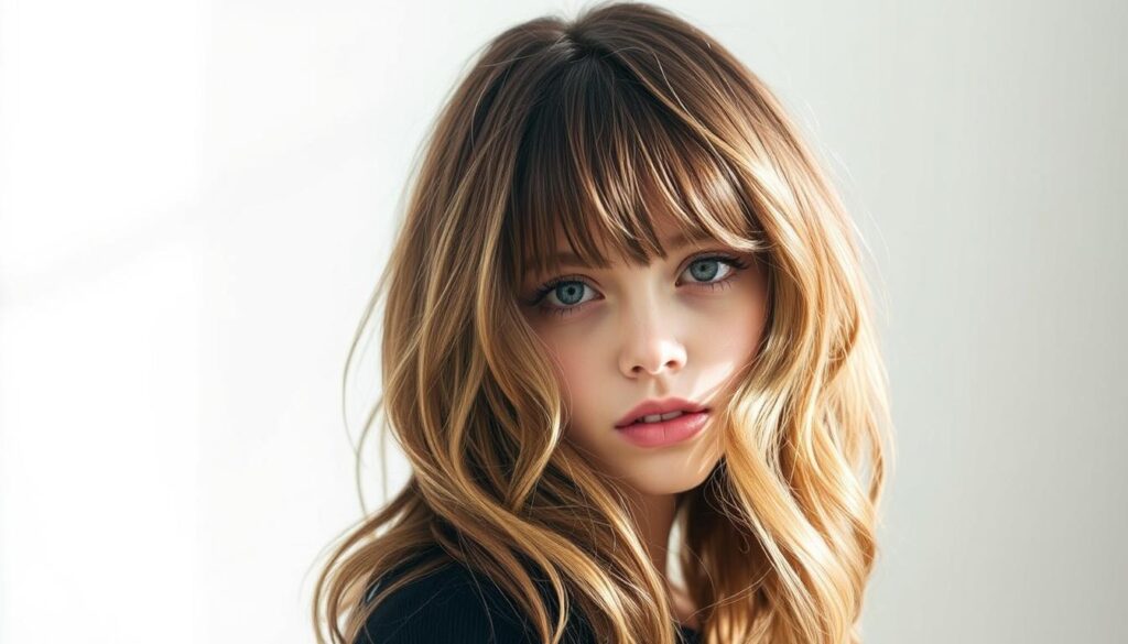 A captivating layered hairstyle with face-framing fringe against a soft, diffused background. The hair cascades in voluminous waves, with subtle highlights and lowlights adding depth and dimension. The fringe frames the subject's face in a flattering, wispy manner, drawing attention to their delicate features. Soft, natural lighting from the side creates a chiaroscuro effect, highlighting the textural details of the hairstyle. The overall mood is one of effortless elegance and youthful sophistication, perfectly capturing the essence of the "wolf cut with curtain bangs" trend.