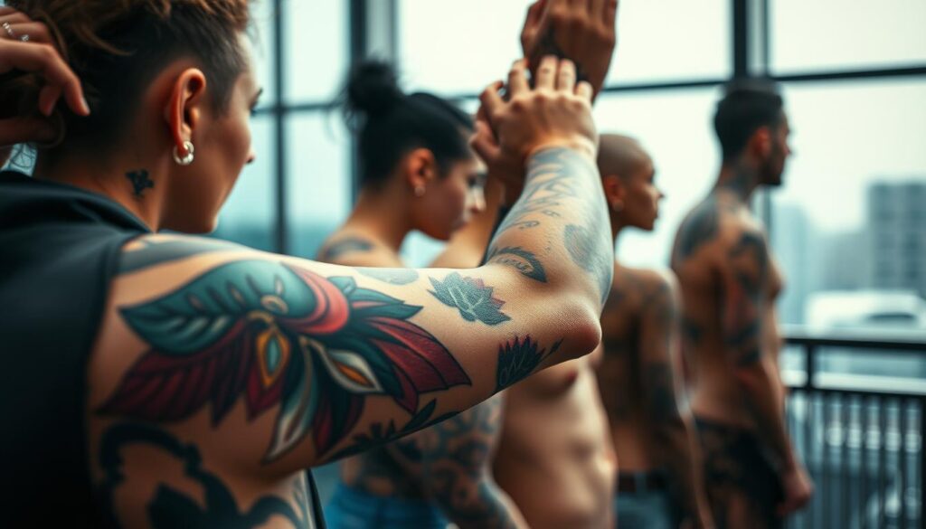A captivating scene showcasing the diverse and evolving world of body art modification trends. In the foreground, a striking close-up captures the intricate details of a person's arm, adorned with a vivid, colorful tattoo design that flows seamlessly across the skin. The middle ground reveals a broader perspective, highlighting the various types of body modifications, from piercings to scarification patterns, all crafted with precision and artistry. The background subtly suggests a modern, urban setting, with a soft, diffused lighting that creates a sense of depth and atmosphere, emphasizing the personal and expressive nature of these bodily transformations.