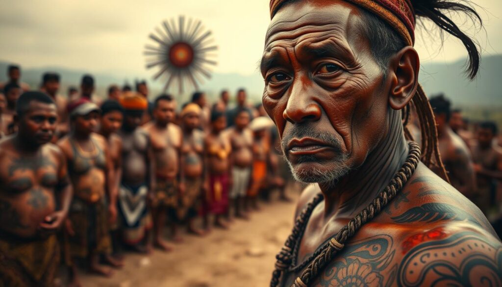 A captivating tableau of cultural tattoo history, bathed in warm, earthy tones. In the foreground, intricate indigenous designs adorn the skin of a weathered, stoic figure, their gaze reflecting the weight of centuries-old traditions. In the middle ground, a diverse array of body art styles unfurls, from the bold, symbolic motifs of Polynesian cultures to the delicate calligraphic patterns of the East. The background fades into a hazy, dreamlike landscape, hinting at the deep spiritual and societal significance of the art form across time and place. Captured with a cinematic, low-angle perspective, the image conveys the timeless, profound essence of tattooing as a vehicle for cultural expression, identity, and personal narrative.