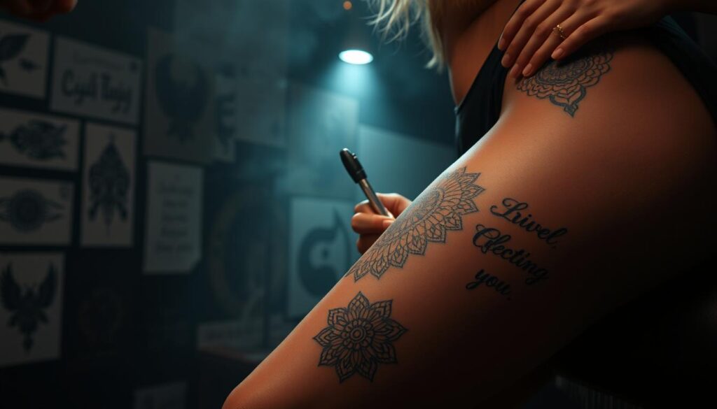 A captivating thigh tattoo display in a dimly lit studio, showcasing a variety of intricate and meaningful designs. The foreground features a model's leg, the skin a canvas for delicate floral patterns, intricate mandalas, and inspirational quotes. The middle ground highlights the artist's skilled hand, carefully inking the designs with precision and artistry. The background is shrouded in a soft, moody light, creating an intimate and immersive atmosphere, emphasizing the personal and expressive nature of these body art pieces. The overall scene conveys the allure and allure of thigh tattoos as a canvas for self-expression and personal significance.