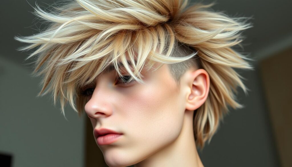 A captivating wolf cut hairstyle, featuring a mesmerizing cascade of fluffy, voluminous locks that frame the subject's face in a striking, avant-garde manner. The strands flow effortlessly, creating a dynamic, textured silhouette that evokes a sense of untamed, youthful energy. Soft, diffused lighting illuminates the hairstyle's dimensional layers, accentuating its lush, feathery texture. The angle captures the subject in a candid, natural pose, allowing the viewer to fully appreciate the alluring, trend-setting aesthetics of the stylish wolf cut.