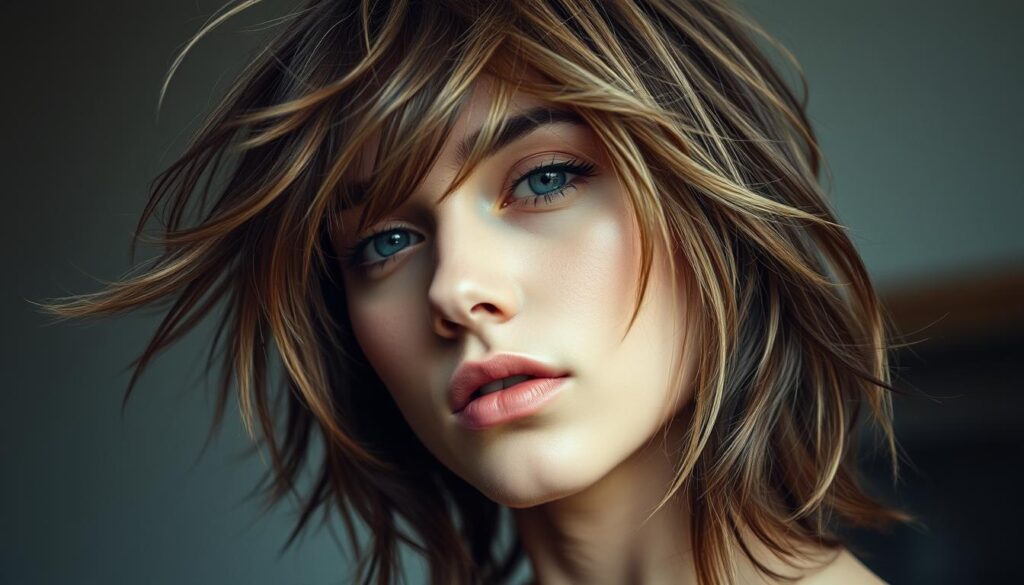 A captivating wolf cut hairstyle, featuring layers of flowing locks cascading down the model's face. The lighting is soft and flattering, illuminating the textured, shaggy strands that frame the subject's features. The camera angle is slightly elevated, creating a sense of dynamic movement and volume. The background is blurred, keeping the focus on the intricate, layered haircut. The overall mood is one of effortless, natural beauty, showcasing the versatility and appeal of the wolf cut style.