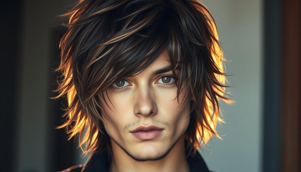 A captivating wolf cut hairstyle, featuring layers of shaggy, textured strands that cascade over the subject's face, creating an effortless, windswept appearance. The hair color is a rich, dark brown with subtle highlights, adding depth and dimension. The lighting is soft and diffused, casting a warm, inviting glow on the model's features. The camera angle is slightly elevated, giving a sense of confidence and command. The background is blurred, keeping the focus on the striking wolf cut hairstyle and the model's expressive gaze. The overall mood is one of modern, edgy elegance, perfectly capturing the essence of the wolf cut trend.