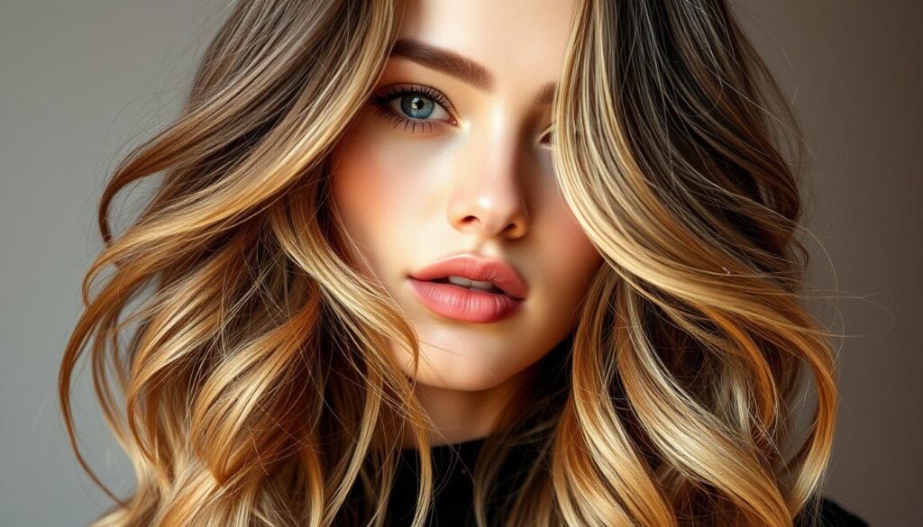 A captivating wolf cut hairstyle in 2024, featuring voluminous waves and soft, feathered layers. The model's hair cascades elegantly, framing their face with a trendy, effortless appeal. Subtle highlights add dimension, while the overall style conveys a modern, youthful aesthetic. Soft, natural lighting accentuates the texture and movement of the hair, creating a dreamlike, editorial-inspired atmosphere. The model's gaze is serene, conveying a sense of confidence and style that embodies the essence of the wolf cut trend.