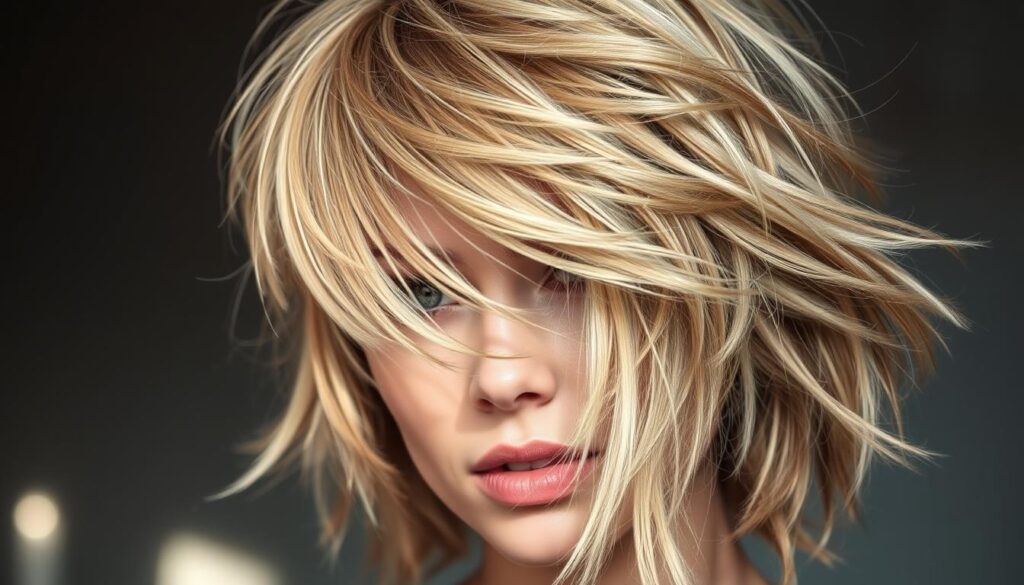 A captivating wolf cut hairstyle with voluminous, textured layers flowing in an effortless, tousled style. The model's face is partially obscured, drawing the viewer's gaze to the dynamic, layered strands framing their features. Soft, natural lighting accentuates the dimensional highlights and shadows, creating a sense of depth and movement. The background is blurred, allowing the hairstyle to be the focal point, showcasing its versatility and allure. The overall atmosphere evokes a sense of modern, edgy elegance, perfectly capturing the appeal of the wolf cut trend.