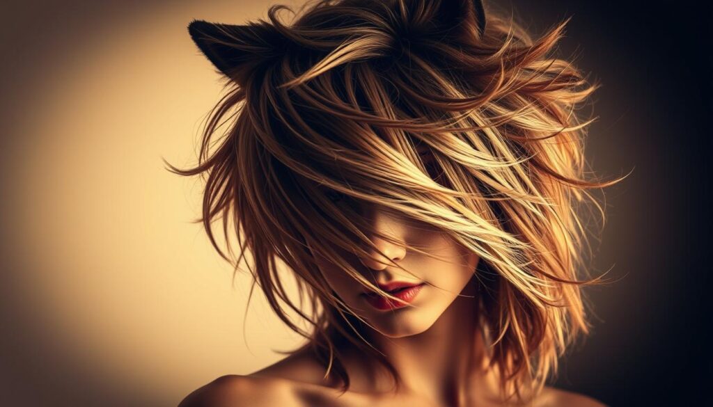 A captivating wolf-like hairstyle with cascading layers, voluminous texture, and an undeniably wild flair. Set against a minimalist backdrop, the subject's face is partially obscured, evoking a sense of mystery. Warm, diffused lighting casts an ethereal glow, emphasizing the dynamic movement and untamed essence of the "wolf cut" trend. Composition is balanced, with the subject's head and shoulders commanding the foreground, framed by negative space. The overall mood is one of sophisticated allure and untamed elegance.
