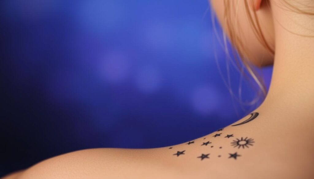 A celestial tattoo design featuring a crescent moon, delicate stars, and a radiant sun. The foreground depicts the detailed tattoo artwork with intricate line work and subtle shading, capturing the whimsical and mystical nature of the celestial elements. The background showcases a soft, hazy gradient in shades of deep blue and violet, evoking a serene night sky. The lighting is gentle, with a warm, ambient glow that highlights the intricate details of the tattoo. The overall composition and mood convey a sense of tranquility, wonder, and a connection to the natural rhythms of the cosmos.