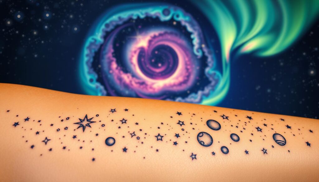 A celestial tattoo design with a breathtaking cosmic landscape. In the foreground, a delicate, shimmering pattern of stars, planets, and celestial bodies adorns the skin. The middle ground features a mesmerizing swirl of nebulae and galaxies, bathed in a soft, diffused light. In the background, a stunning aurora borealis dances across the night sky, its vibrant hues reflecting off the skin. The overall impression is one of ethereal beauty, blending the mysteries of the universe with the canvas of the human body. Lit by a warm, directional light that accentuates the intricate details, the design evokes a sense of wonder and transcendence.