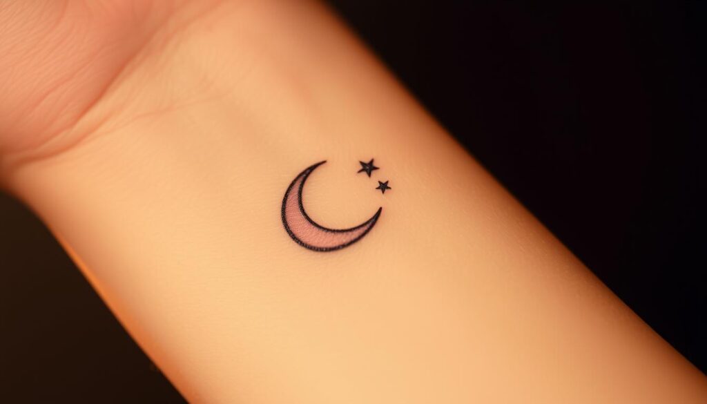 A celestial tattoo of a crescent moon and stars delicately etched on a person's wrist. The design is ethereal and mystical, with wispy lines and soft gradients evoking the tranquility of a clear night sky. The tattoo is illuminated by warm, diffused lighting, creating a sense of depth and dimension. The composition is simple yet impactful, with the celestial elements taking center stage against a subtly textured skin background. The overall mood is introspective and serene, inviting the viewer to reflect on the deeper meanings and personal significance of this celestial small tattoo.