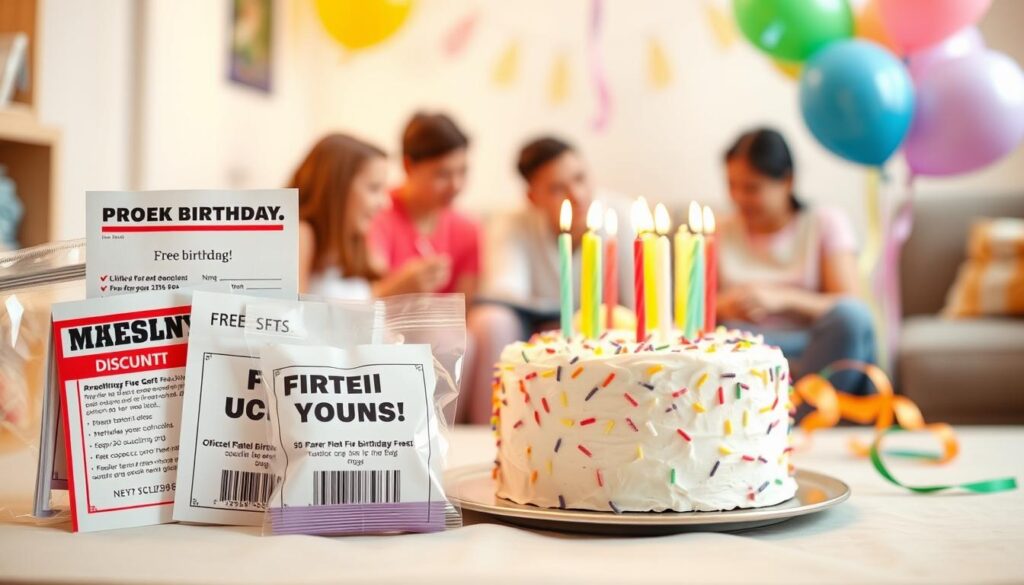 A cheerful, pastel-colored scene of a birthday celebration on a modest budget. In the foreground, an assortment of free birthday gifts and discounts, neatly arranged against a soft, diffused background. A middle-ground featuring a simple, homemade birthday cake topped with colorful candles, surrounded by festive balloons and streamers. The background depicts a cozy, family-friendly setting, with warm, gentle lighting illuminating the scene. The overall mood is one of joy, simplicity, and making the most of limited resources to create a memorable birthday experience.