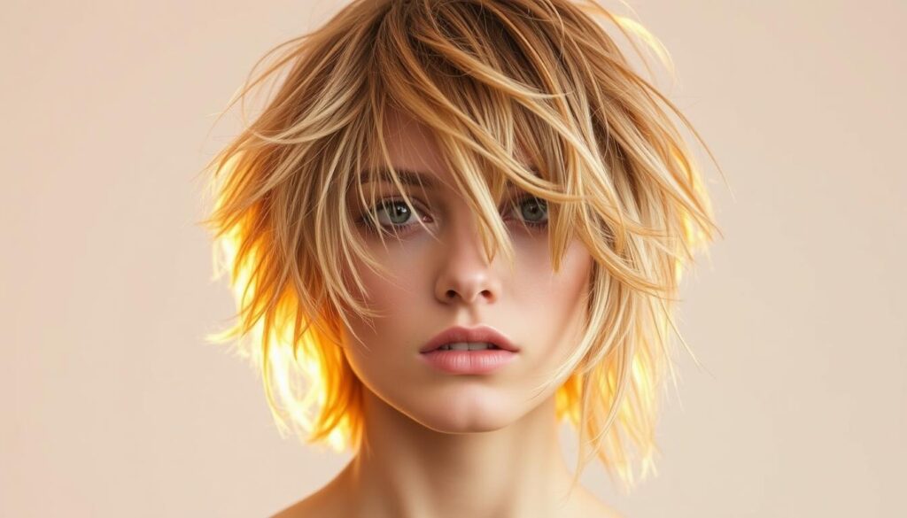 A chin-length, shaggy wolf cut with soft, tousled layers. The model's hair is a warm, honey-blonde tone, styled with a messy, windswept texture. Warm, golden lighting casts a gentle glow, creating a flattering, radiant effect. The model's facial features are partially obscured by the layered, face-framing strands, lending an effortless, carefree vibe. The background is a minimalist, neutral-toned setting, allowing the hairstyle to be the focal point. The overall mood is natural, stylish, and adaptable, showcasing how the wolf cut can be tailored to a range of hair lengths.