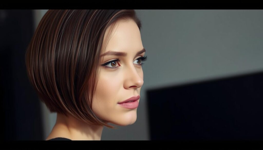 A classic bob haircut, showcasing a sleek, chin-length style with subtle layers. The model's hair is a rich, chestnut brown, styled with a subtle side part and a smooth, glossy finish. The lighting is soft and flattering, creating gentle shadows that accentuate the cut's sophisticated lines. The background is a simple, minimalist setting, allowing the haircut to be the central focus. The overall mood is one of timeless elegance and refinement, capturing the essence of a quintessential, versatile hairstyle.