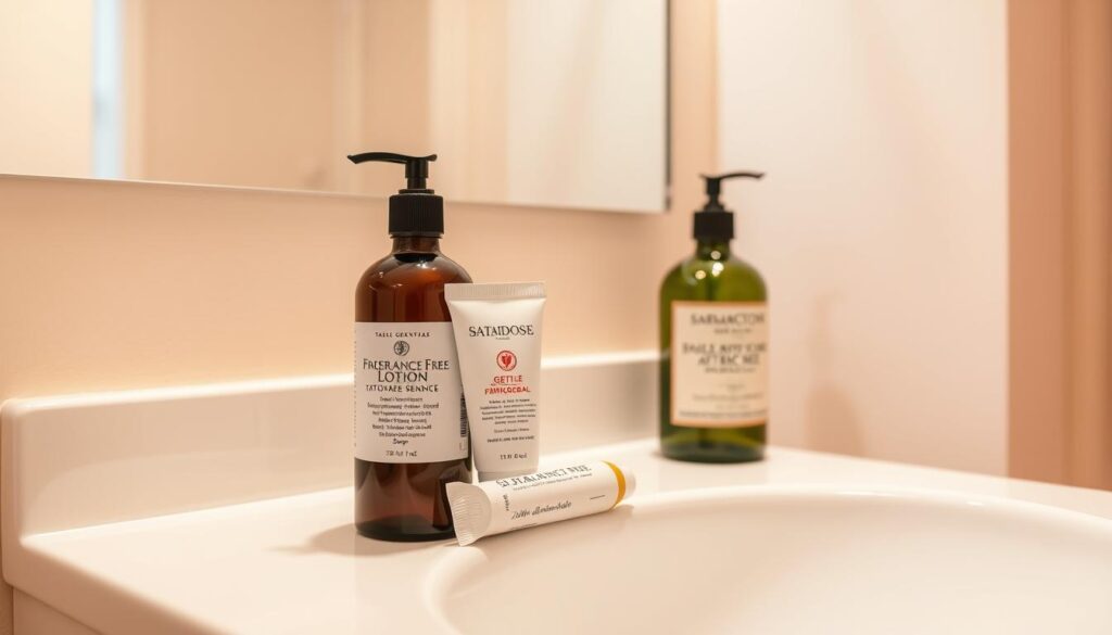 A clean, well-lit bathroom setting with a prominent sink and counter. On the counter, display a selection of tattoo aftercare products including a small bottle of unscented fragrance-free lotion, a small tube of unscented fragrance-free ointment, and a small bottle of gentle antimicrobial soap. Arrange these items neatly and intentionally, conveying a sense of care and attention to detail. The background should be a soft, neutral color that complements the tattoo aftercare products. Lighting should be warm and diffused, creating a calming, professional atmosphere. Capture the scene at a slight angle, providing a clear, unobstructed view of the tattoo aftercare items.