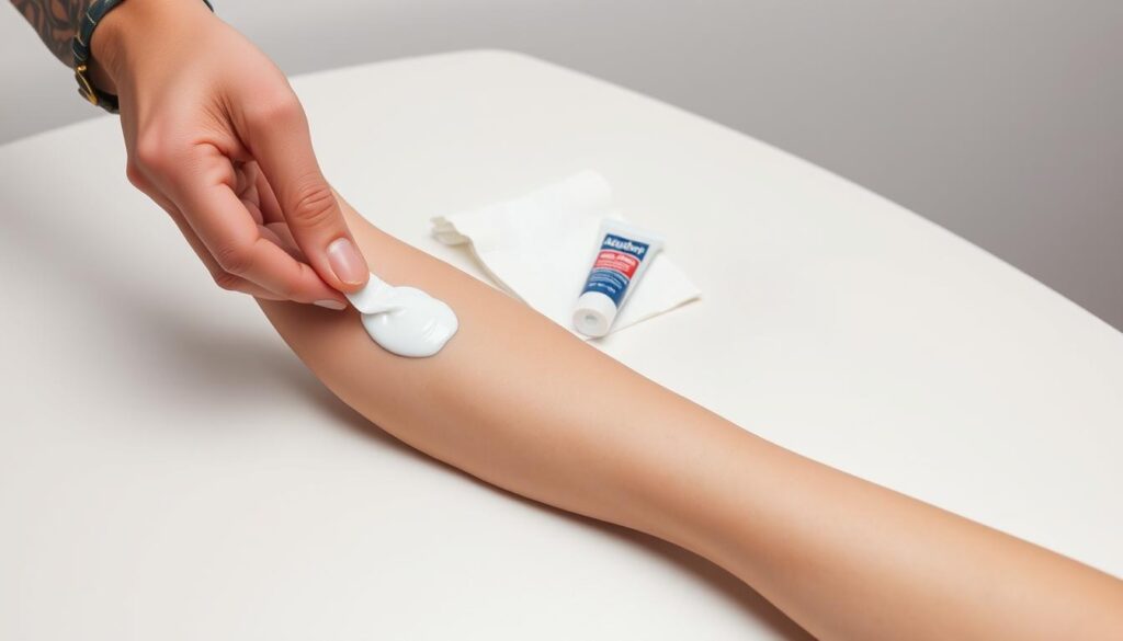 A clean, well-lit studio with a smooth, light-colored surface. In the foreground, a hand gently applies a thin layer of Aquaphor ointment to a freshly inked tattoo, the skin glistening with the healing balm. In the middle ground, a set of sterile, disposable tattoo aftercare supplies - a clean paper towel, a small tube of Aquaphor, and a pair of latex gloves. The background features a simple, minimalist setup, allowing the focus to remain on the application process. Soft, diffused lighting creates a calming, professional atmosphere, conveying the importance of proper tattoo aftercare.