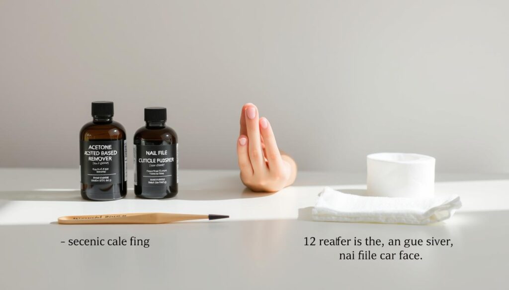 A clean, well-lit tabletop scene showcasing a side-by-side comparison of various nail glue removal methods. In the foreground, neatly arranged bottles and tools - acetone-based remover, nail file, cuticle pusher, and a cotton pad. The middle ground features a hand delicately removing a fake nail, revealing the natural nail underneath. Soft, natural lighting illuminates the scene, creating a sense of focus and attention to detail. The background is a plain, neutral surface, allowing the products and process to take center stage. The overall mood is informative, highlighting the safe and effective techniques for nail glue removal. A clean, well-lit tabletop scene showcasing a side-by-side comparison of various nail glue removal methods. In the foreground, neatly arranged bottles and tools - acetone-based remover, nail file, cuticle pusher, and a cotton pad. The middle ground features a hand delicately removing a fake nail, revealing the natural nail underneath. Soft, natural lighting illuminates the scene, creating a sense of focus and attention to detail. The background is a plain, neutral surface, allowing the products and process to take center stage. The overall mood is informative, highlighting the safe and effective techniques for nail glue removal.
