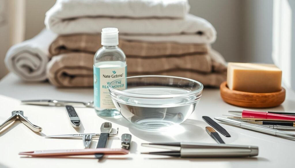 A clean, well-lit tabletop scene showcasing the essential tools for at-home acrylic nail removal. In the foreground, an array of nail clippers, files, and a cuticle pusher are neatly arranged. In the middle ground, a glass bowl filled with warm water and a bottle of non-acetone nail polish remover take center stage. In the background, a soft-focus arrangement of towels, cotton pads, and a nail buffer block complete the home manicure setup. The lighting is natural and diffused, creating a calming, spa-like atmosphere. The overall composition emphasizes the simplicity and accessibility of these basic nail care items for DIY acrylic nail removal. A clean, well-lit tabletop scene showcasing the essential tools for at-home acrylic nail removal. In the foreground, an array of nail clippers, files, and a cuticle pusher are neatly arranged. In the middle ground, a glass bowl filled with warm water and a bottle of non-acetone nail polish remover take center stage. In the background, a soft-focus arrangement of towels, cotton pads, and a nail buffer block complete the home manicure setup. The lighting is natural and diffused, creating a calming, spa-like atmosphere. The overall composition emphasizes the simplicity and accessibility of these basic nail care items for DIY acrylic nail removal.