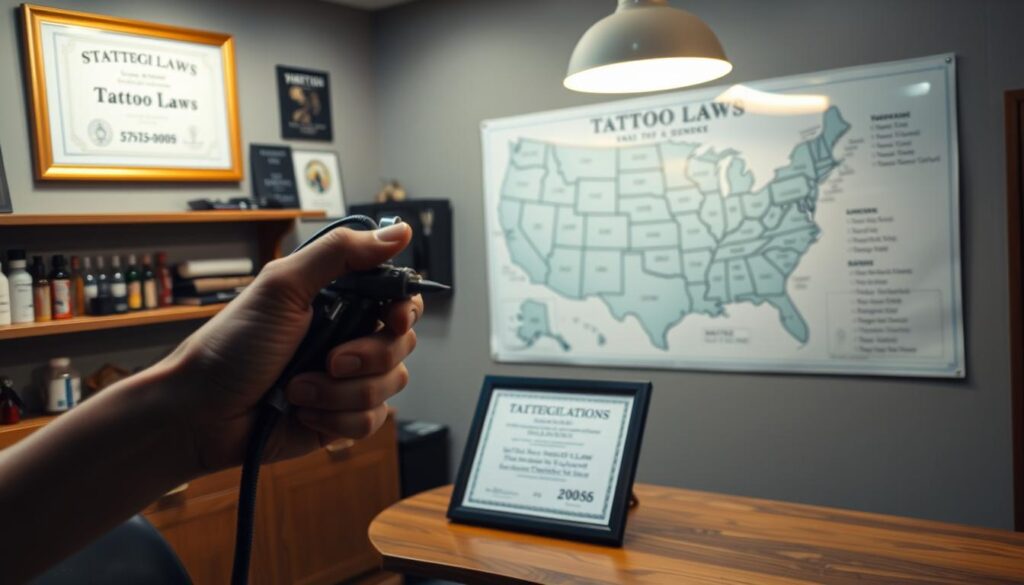 A clean, well-lit tattoo studio with a wooden counter and shelves displaying various tattoo equipment. In the foreground, a tattoo artist's hand holds a tattoo machine, ready to apply ink. On the counter, a framed certificate showcases state regulations and licensing requirements. In the background, a large map of the United States highlights the varying tattoo laws across different states, creating a sense of the legal landscape. The lighting is warm and inviting, evoking a professional and authoritative atmosphere.