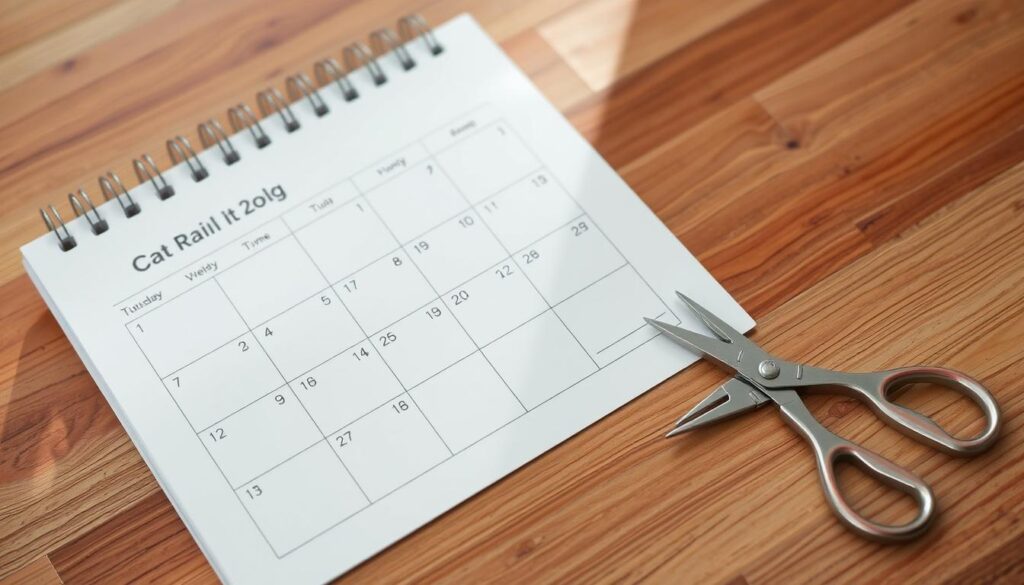 A clean, well-organized calendar displaying a cat nail trimming schedule. The calendar is placed on a wooden table, with a soft, natural lighting illuminating the scene. The calendar pages show the days of the week, with prominent markings indicating the optimal times for nail trimmings. A pair of sharp, professional cat nail clippers rests alongside the calendar, conveying the tools needed for the task. The overall atmosphere is one of efficiency and practicality, providing a clear visual guide for the responsible care of a feline companion.