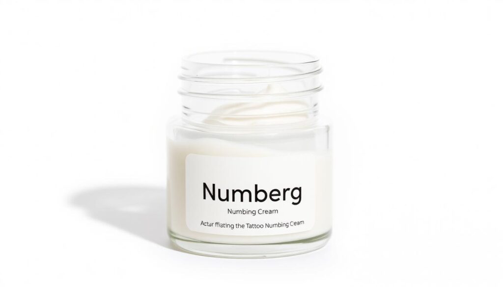 A clear glass jar filled with a smooth, translucent numbing cream against a bright, clinical background. The jar's label features the product name and description in a simple, sans-serif font. Soft, directional lighting casts subtle shadows, emphasizing the jar's contours and the creamy texture of the contents. The composition is clean, focused, and evenly lit, conveying a sense of medical efficiency and professionalism. The overall mood is one of utility and functionality, suitable for illustrating a practical, informative section on tattoo numbing creams.