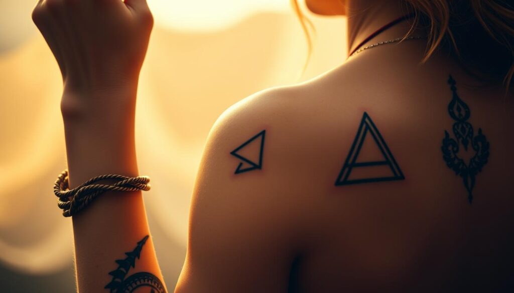 A close-up, cinematic shot of Kristen Bell's diverse tattoos, showcasing the contrast between their symbolic meanings and unexpected placements. In the foreground, her delicate wrist ink stands in juxtaposition with a bold, intricate design on her ribcage. The middle ground reveals a minimalist outline of a triangle on her shoulder, juxtaposed with a larger, more decorative tattoo on her upper back. The background blurs into a soft, dreamlike setting, emphasizing the intimate, personal nature of these body markings. Warm, directional lighting accentuates the textures and details of the tattoos, creating a visually striking and thought-provoking composition. A close-up, cinematic shot of Kristen Bell's diverse tattoos, showcasing the contrast between their symbolic meanings and unexpected placements. In the foreground, her delicate wrist ink stands in juxtaposition with a bold, intricate design on her ribcage. The middle ground reveals a minimalist outline of a triangle on her shoulder, juxtaposed with a larger, more decorative tattoo on her upper back. The background blurs into a soft, dreamlike setting, emphasizing the intimate, personal nature of these body markings. Warm, directional lighting accentuates the textures and details of the tattoos, creating a visually striking and thought-provoking composition.