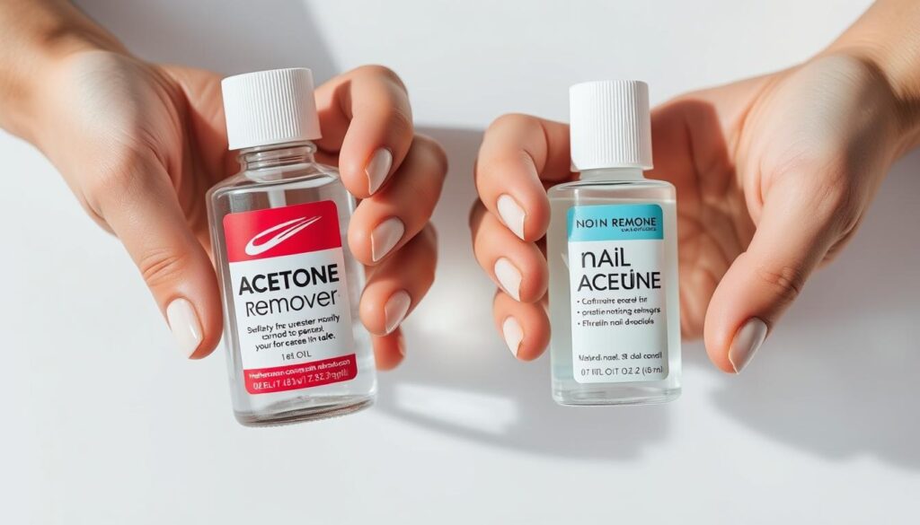 A close-up comparison of two hands, one holding a bottle of acetone nail polish remover and the other holding a non-acetone remover. The hands are positioned side-by-side, creating a visual contrast between the two products. The scene is brightly lit from the front, casting subtle shadows and highlighting the textures of the skin and the bottles. The background is a clean, minimalist white or light-colored surface, placing the focus entirely on the hands and the nail polish removers. The overall mood is clinical, educational, and informative, conveying the importance of using the right product to safely and effectively remove fake nails. A close-up comparison of two hands, one holding a bottle of acetone nail polish remover and the other holding a non-acetone remover. The hands are positioned side-by-side, creating a visual contrast between the two products. The scene is brightly lit from the front, casting subtle shadows and highlighting the textures of the skin and the bottles. The background is a clean, minimalist white or light-colored surface, placing the focus entirely on the hands and the nail polish removers. The overall mood is clinical, educational, and informative, conveying the importance of using the right product to safely and effectively remove fake nails.