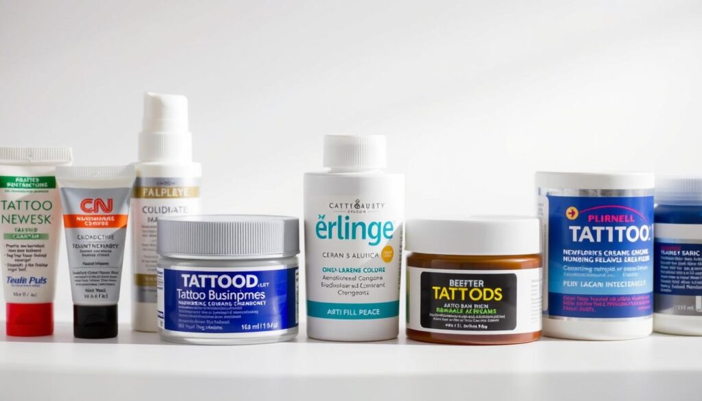 A close-up, detailed comparison of various types of tattoo numbing creams, arranged in an organized grid layout. The creams are displayed against a clean, minimalist background with soft, diffused lighting, emphasizing their textures, colors, and packaging designs. The composition highlights the key differences between the products, such as active ingredients, application methods, and effectiveness, allowing viewers to visually evaluate and contrast the options. The image conveys a sense of professionalism and objectivity, suitable for educational and informational purposes.