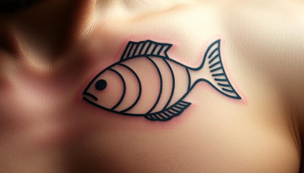 A close-up, detailed photograph of a Christian Ichthys (Jesus Fish) symbol tattoo on a man's skin. The tattoo is rendered in intricate black line work, with delicate curves and precision. The skin has a warm, natural tone, and the lighting casts subtle shadows, highlighting the texture and depth of the ink. The composition focuses tightly on the tattoo design, filling the frame and drawing the viewer's attention to the symbolic religious motif. The overall mood is one of reverence, spirituality, and personal devotion.