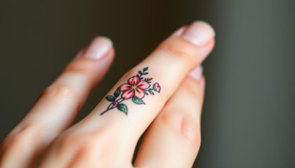 A close-up, detailed photograph of delicate, feminine floral finger tattoos. The tattoos feature a vibrant, colorful arrangement of blooming flowers and leaves, like a miniature garden adorning the fingers. The lighting is soft and diffused, highlighting the intricate linework and subtle shading of the ink. The fingertips are elegantly positioned, showcasing the tattoos in a graceful, natural pose. The overall mood is one of whimsical, girly charm and delicate beauty, perfectly suited for a stylish, unique hand tattoo design.