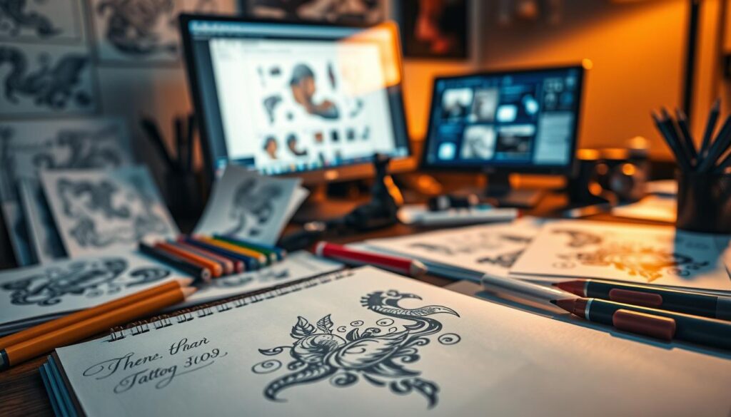 A close-up, detailed shot of a tattooist's workstation, showcasing various tattoo stencils, design templates, and customization tools. The foreground features an open sketchbook with a partially-drawn tattoo design, surrounded by colored pencils, markers, and a tattoo machine. The middle ground displays a computer monitor displaying a digital tattoo design software interface, hinting at the process of tailoring the artwork to the client's preferences. The background is softly blurred, evoking the serene and focused atmosphere of a professional tattoo studio. Warm, directional lighting casts shadows and highlights the textures of the materials, creating a visually striking and informative composition.