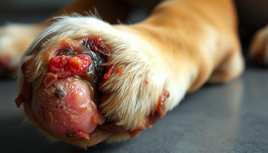 A close-up, detailed view of a dog's paw with visible signs of fungal and bacterial infections. The paw appears inflamed, with reddish-brown discoloration, flaky skin, and oozing lesions. The lighting is soft and natural, highlighting the textural and color variations of the affected area. The background is slightly blurred, placing the focus on the intricate details of the infected paw. The overall mood is one of clinical examination, showcasing the condition in a clear and informative manner. A close-up, detailed view of a dog's paw with visible signs of fungal and bacterial infections. The paw appears inflamed, with reddish-brown discoloration, flaky skin, and oozing lesions. The lighting is soft and natural, highlighting the textural and color variations of the affected area. The background is slightly blurred, placing the focus on the intricate details of the infected paw. The overall mood is one of clinical examination, showcasing the condition in a clear and informative manner.