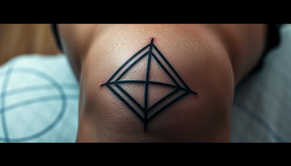 A close-up, detailed view of a realistic knee tattoo design. The tattoo features intricate linework and shading, depicting a stylized, minimalist geometric pattern with sharp angles and clean lines. The skin texture is depicted with high fidelity, showing the subtle contours and natural imperfections of the knee. Lighting is soft and diffused, creating a moody, contemplative atmosphere that emphasizes the artistry and craftsmanship of the tattoo. The camera angle is positioned slightly above the knee, creating a visually interesting perspective that showcases the tattoo in an engaging, three-dimensional way.