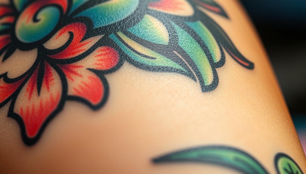 A close-up, detailed view of a vibrant, colorful tattoo in the process of aftercare. The tattoo's intricate design and shades of blue, green, and red are prominently displayed, still slightly swollen and glistening with a thin layer of fragrant, hypoallergenic tattoo ointment. The skin around the tattoo appears healthy, smooth, and well-moisturized, emphasizing the vibrancy of the ink. Soft, diffused lighting casts a warm, soothing glow, creating a sense of tranquility and care. The composition is framed tightly, focusing the viewer's attention on the delicate, healing process of maintaining a bold, colorful tattoo.