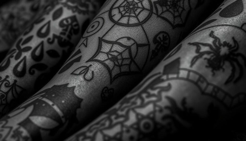 A close-up, high-contrast, black and white photograph of various prison tattoo symbols and codes, captured with a vintage-style lens. The foreground features intricate designs and patterns, including tear drops, spiderwebs, and gang insignia, etched onto weathered, scarred skin. The middle ground showcases the rich texture and imperfections of the tattooed flesh, while the blurred background suggests the harsh, confined environment of a prison setting. The overall mood is gritty, somber, and evocative of the symbolic meanings and personal histories behind these markings. A close-up, high-contrast, black and white photograph of various prison tattoo symbols and codes, captured with a vintage-style lens. The foreground features intricate designs and patterns, including tear drops, spiderwebs, and gang insignia, etched onto weathered, scarred skin. The middle ground showcases the rich texture and imperfections of the tattooed flesh, while the blurred background suggests the harsh, confined environment of a prison setting. The overall mood is gritty, somber, and evocative of the symbolic meanings and personal histories behind these markings.