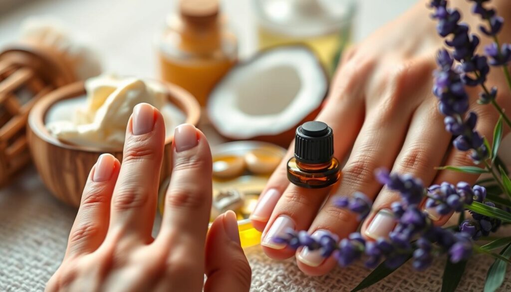 A close-up, high-resolution, macro photograph of natural nail treatments, featuring an array of organic ingredients such as shea butter, coconut oil, aloe vera, and lavender essential oil. The foreground showcases beautifully manicured hands with healthy, well-groomed nails. The middle ground highlights the natural ingredients being applied to the nails, creating a soothing, spa-like atmosphere. The background is softly blurred, emphasizing the focus on the hands and the natural nail care products. The lighting is soft and diffused, creating a warm, natural glow that enhances the textures and colors of the ingredients. The overall mood is one of relaxation, pampering, and a holistic approach to nail health. A close-up, high-resolution, macro photograph of natural nail treatments, featuring an array of organic ingredients such as shea butter, coconut oil, aloe vera, and lavender essential oil. The foreground showcases beautifully manicured hands with healthy, well-groomed nails. The middle ground highlights the natural ingredients being applied to the nails, creating a soothing, spa-like atmosphere. The background is softly blurred, emphasizing the focus on the hands and the natural nail care products. The lighting is soft and diffused, creating a warm, natural glow that enhances the textures and colors of the ingredients. The overall mood is one of relaxation, pampering, and a holistic approach to nail health.