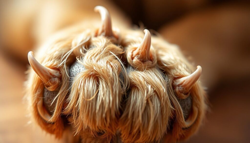 A close-up, high-resolution photograph of a dog's paw, showcasing the problem of overgrown nails and the need for proper paw care. The paw fills the frame, with the nails prominently displayed, some curling and discolored, against a soft, blurred background. Warm, natural lighting accentuates the texture and detail of the paw, creating a sense of urgency and the importance of addressing this issue. The image conveys a sense of concern and the need for veterinary attention, serving as a visual aid to accompany the article's section on "Overgrown Nails, Allergies, and Skin Conditions." A close-up, high-resolution photograph of a dog's paw, showcasing the problem of overgrown nails and the need for proper paw care. The paw fills the frame, with the nails prominently displayed, some curling and discolored, against a soft, blurred background. Warm, natural lighting accentuates the texture and detail of the paw, creating a sense of urgency and the importance of addressing this issue. The image conveys a sense of concern and the need for veterinary attention, serving as a visual aid to accompany the article's section on "Overgrown Nails, Allergies, and Skin Conditions."
