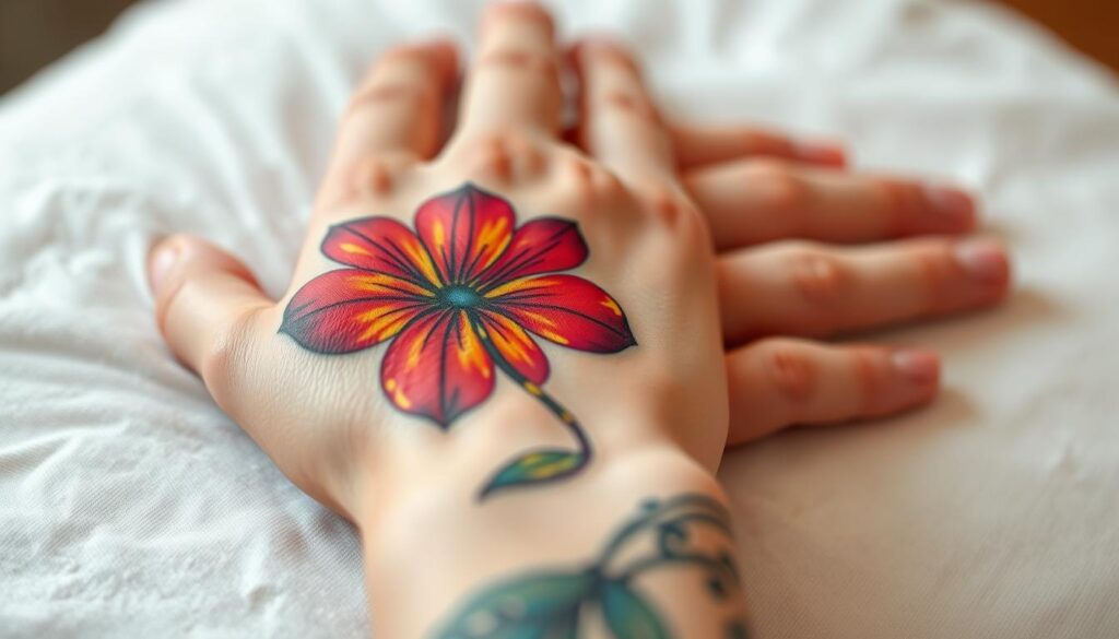 A close-up, high-resolution photograph of a hand with a vibrant, colorful flower tattoo on the palm. The tattoo is in the foreground, depicted in vivid detail with intricate petals and a delicate stem. The hand is resting on a soft, slightly blurred background, conveying a sense of care and attention. The lighting is soft and natural, highlighting the contours of the skin and the vibrancy of the tattoo. The image captures the immediate aftercare stage, with the tattoo appearing fresh and well-moisturized, showcasing the proper techniques for caring for a new flower hand tattoo.