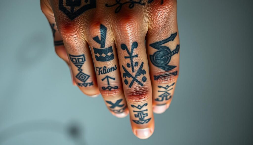 A close-up, high-resolution photograph of a human hand with intricate, detailed tattoos covering the knuckles, fingers, and palm. The tattoos feature a mix of geometric patterns, script, and abstract designs in a muted, earthy color palette. The hand is positioned in a relaxed, natural pose, with the fingers slightly separated to showcase the tattoos. The lighting is soft and diffuse, creating subtle shadows that accentuate the textures of the skin and ink. The background is blurred and out of focus, placing the emphasis entirely on the hand and its tattoos.