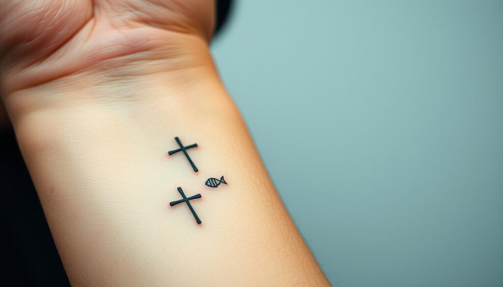 A close-up, high-resolution photograph of a man's forearm, showcasing a series of small, minimalist Christian tattoos. The tattoos feature simple religious symbols like a cross, a dove, or a fish, neatly arranged in a tasteful, harmonious composition. The skin has a natural, slightly tanned tone, and the lighting is soft and flattering, highlighting the intricate details of the tattoos. The background is blurred, creating a clean, uncluttered focus on the arm and the meaningful tattoos. The overall mood is one of quiet reflection and personal faith, with a sense of understated elegance and personal expression.