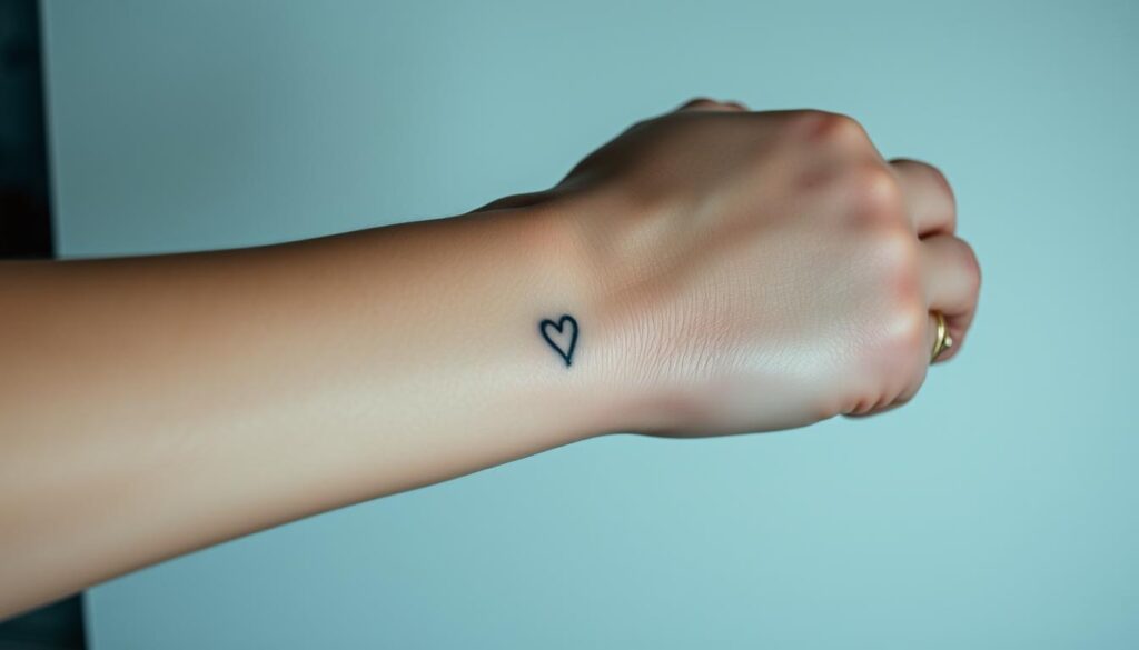 A close-up, high-resolution photograph of a person's forearm, showcasing a small, delicate memorial tattoo. The tattoo is positioned centrally, taking up approximately one-fourth of the frame. The skin around the tattoo appears smooth and well-moisturized, with a slight sheen from the lighting. The lighting is soft and diffused, creating subtle shadows that accentuate the tattoo's intricate details. The background is out of focus, creating a clean, minimalist composition that keeps the viewer's attention on the tattoo. The overall mood is somber, reflective, and respectful, capturing the meaningful nature of a memorial tattoo.