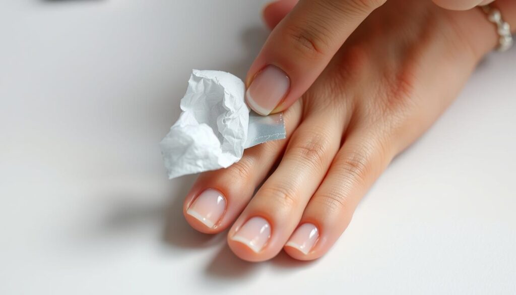 A close-up, high-resolution photograph of a person's hand carefully removing a press-on nail using the foil and cotton method. The hand is positioned on a clean, light-colored surface, providing a clear view of the intricate process. The fingers are delicately gripping a small piece of cotton and a small square of silver foil, gently lifting the artificial nail. The lighting is soft and diffused, creating subtle shadows that accentuate the textures and details of the skin and nail. The overall mood is one of focus and attention to detail, capturing the careful and precise technique involved in this alternative nail removal method. A close-up, high-resolution photograph of a person's hand carefully removing a press-on nail using the foil and cotton method. The hand is positioned on a clean, light-colored surface, providing a clear view of the intricate process. The fingers are delicately gripping a small piece of cotton and a small square of silver foil, gently lifting the artificial nail. The lighting is soft and diffused, creating subtle shadows that accentuate the textures and details of the skin and nail. The overall mood is one of focus and attention to detail, capturing the careful and precise technique involved in this alternative nail removal method.