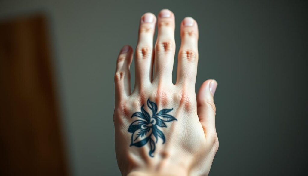 A close-up, high-resolution photograph of a person's hand, palm facing up, displaying a freshly healed hand tattoo. The tattoo design is intricate and vibrant, showcasing bold linework and a mix of organic and geometric elements. The skin around the tattoo appears healthy, hydrated, and free of any irritation or excessive fading. Soft, diffused lighting from the side illuminates the texture of the skin and highlights the depth and vibrancy of the ink. The background is blurred, creating a shallow depth of field and emphasizing the focal point of the hand and tattoo. The overall mood is serene and clinical, conveying the importance of proper tattoo aftercare.